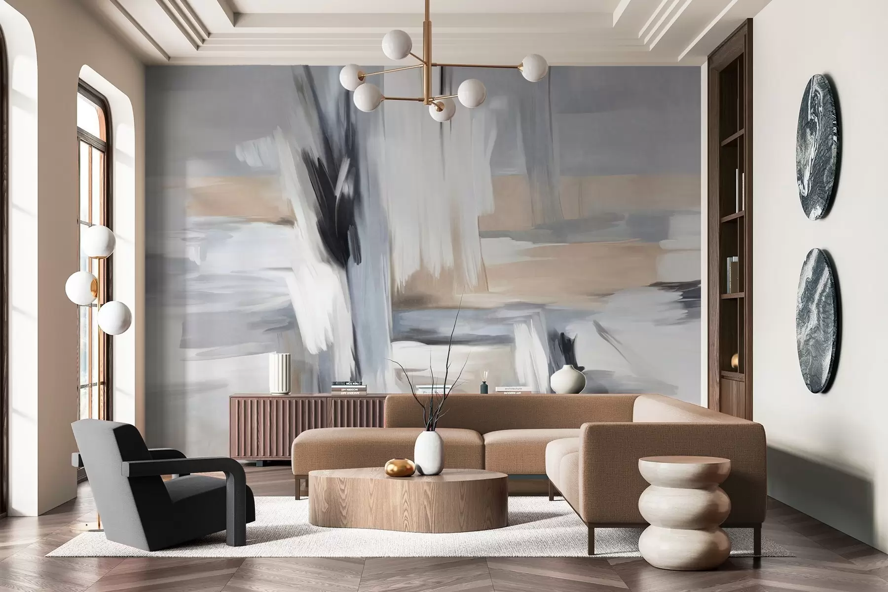 wall murals Abstract textured painting style with brushstrokes in shades of white, gray and beige w09651