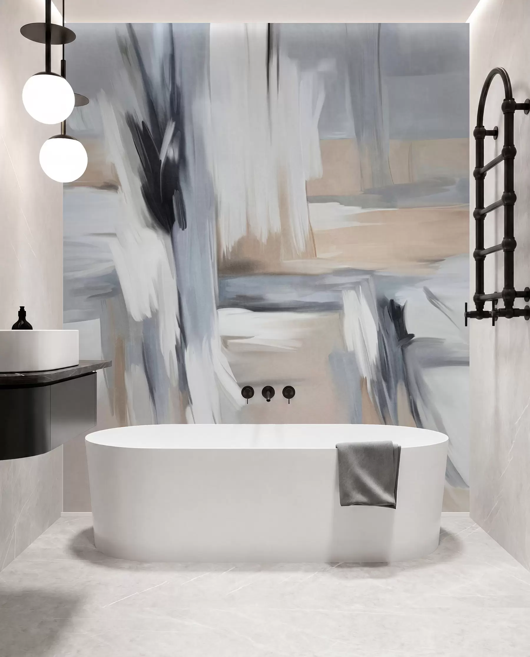 wall murals Abstract textured painting style with brushstrokes in shades of white, gray and beige w09651
