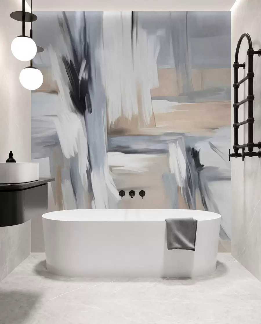 wall murals Abstract textured painting style with brushstrokes in shades of white, gray and beige w09651