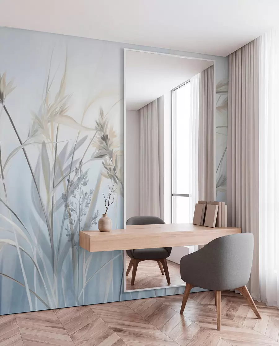 wall murals Tall, dry grass stalks with feathery tops in muted tones, soft, hazy blue and white background w09652