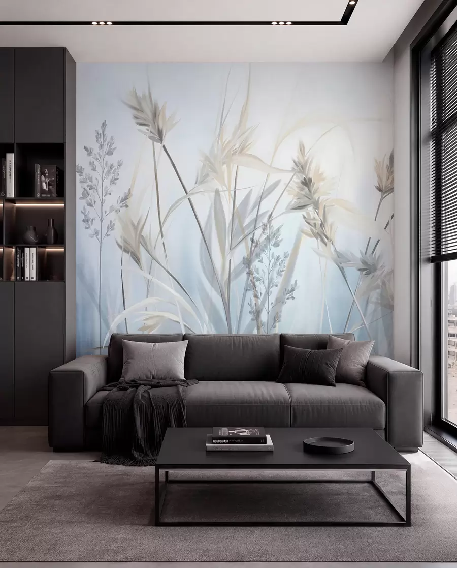 wall murals Tall, dry grass stalks with feathery tops in muted tones, soft, hazy blue and white background w09652