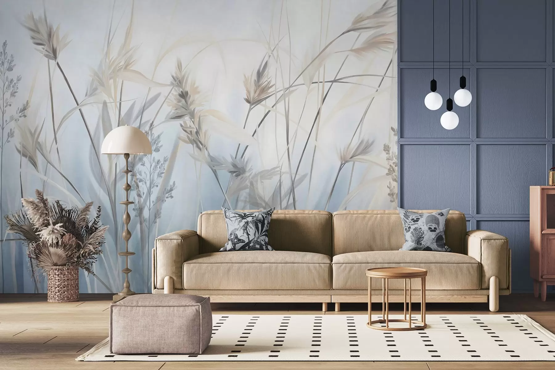 wall murals Tall, dry grass stalks with feathery tops in muted tones, soft, hazy blue and white background w09652