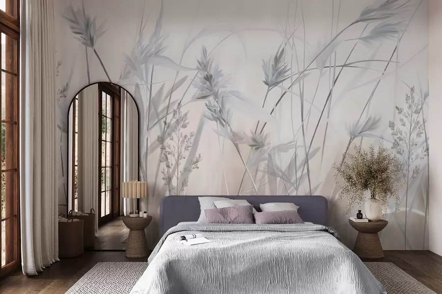 wall murals Tall, dry grass stalks with feathery tops in muted tones, soft, hazy white and beige background w09652v1