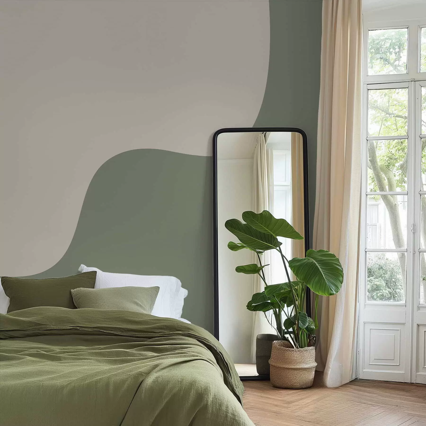 wall murals Smooth abstract shapes in light beige and green shades w05097
