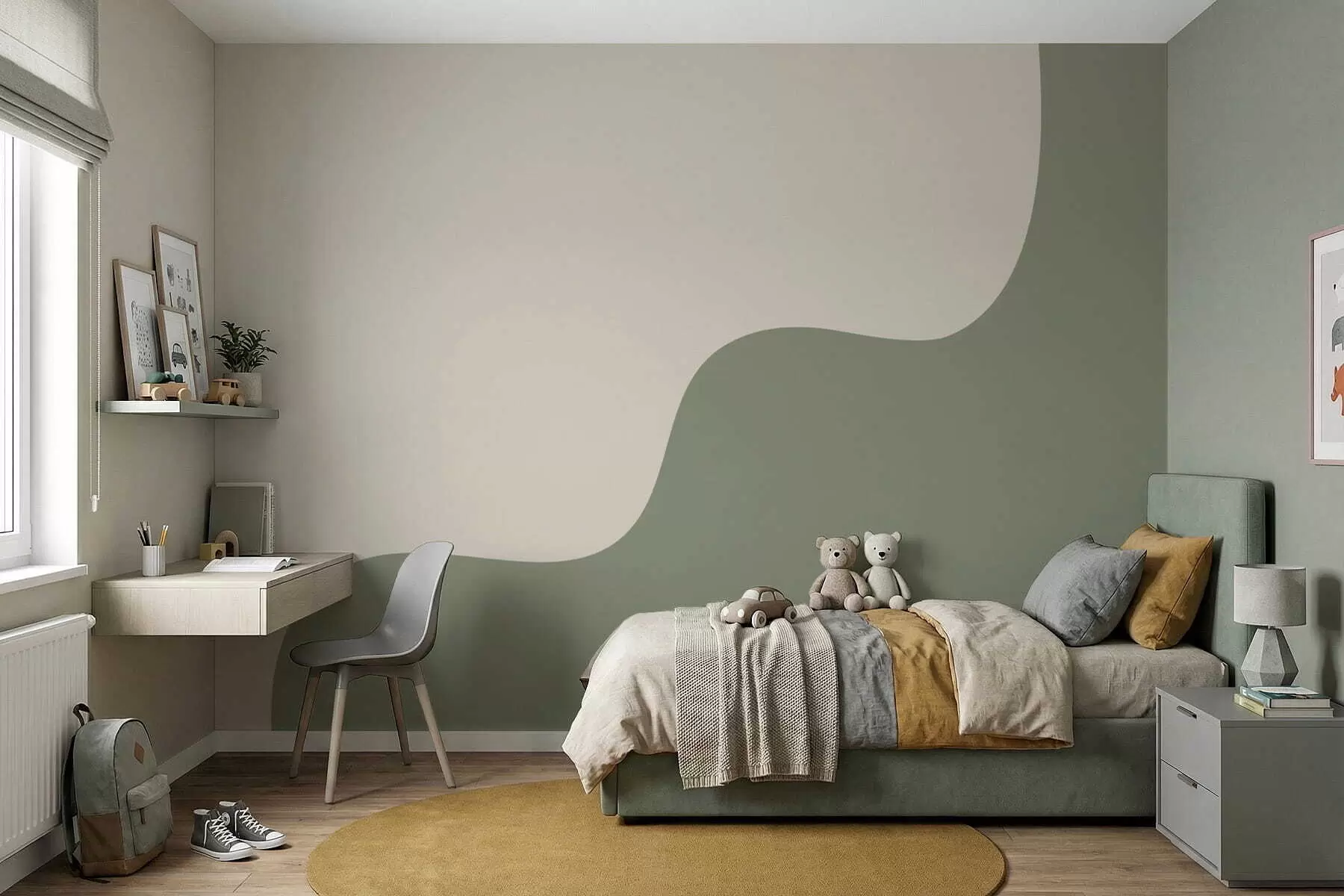 wall murals Smooth abstract shapes in light beige and green shades w05097