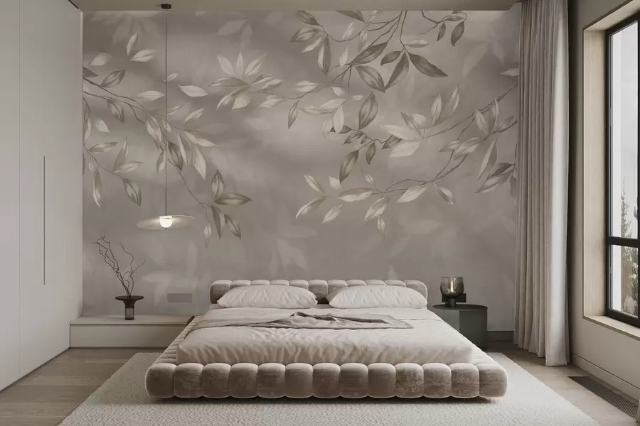 wall murals Elegant leafy branches in beige shades on a light background w05113