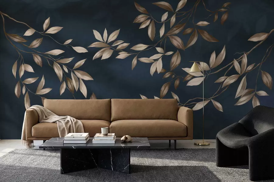 wall murals Decorative leafy branches on a deep blue background w05113v1