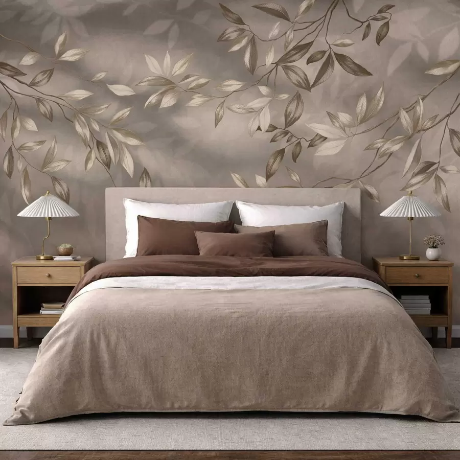 wall murals Delicate leafy branches in beige tones on a light background w05113v2