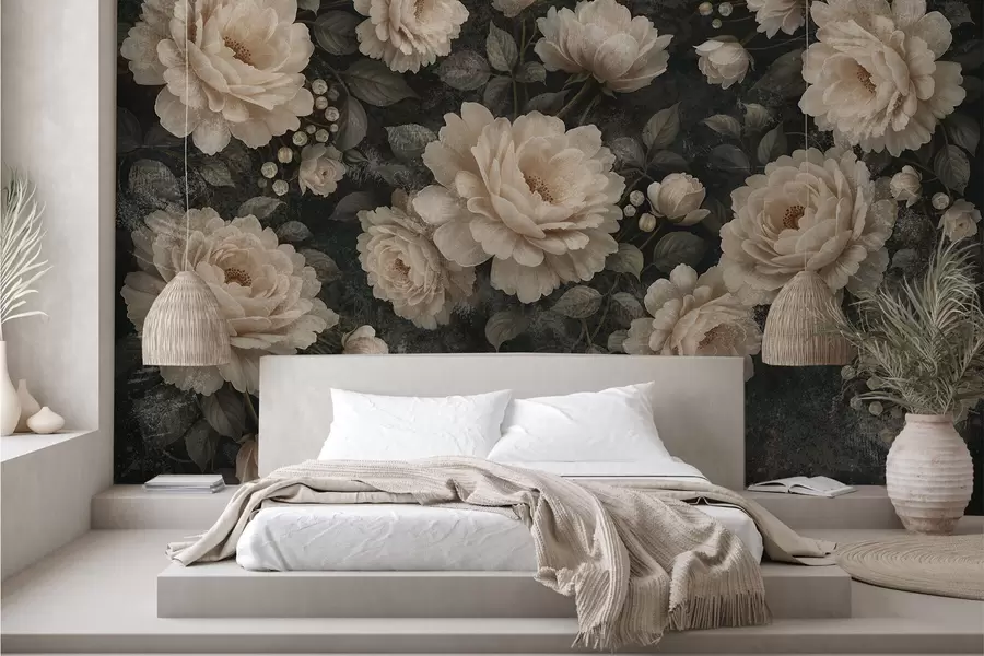 wall murals Voluminous flowers in beige palette on a dark background w05114