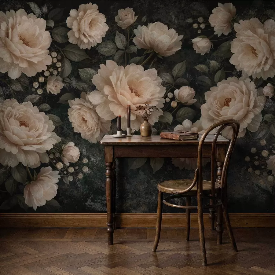 wall murals Voluminous flowers in beige palette on a dark background w05114