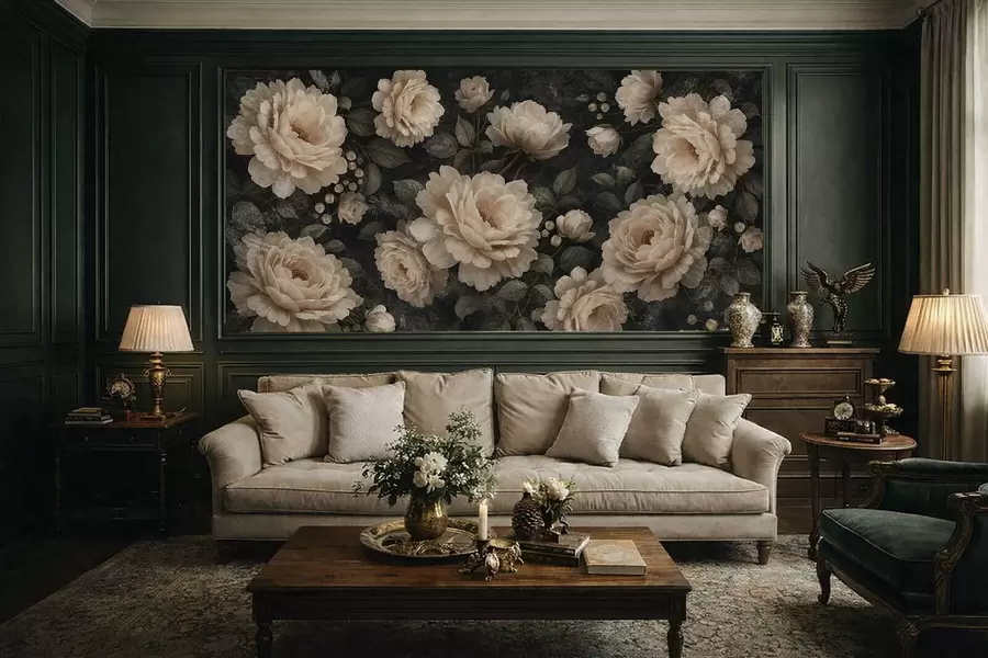 wall murals Voluminous flowers in beige palette on a dark background w05114