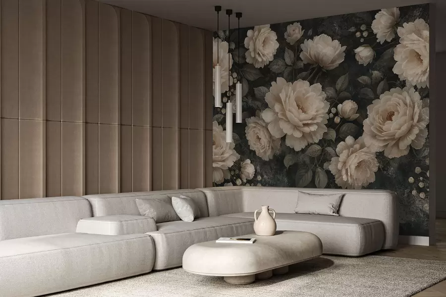 wall murals Voluminous flowers in beige palette on a dark background w05114
