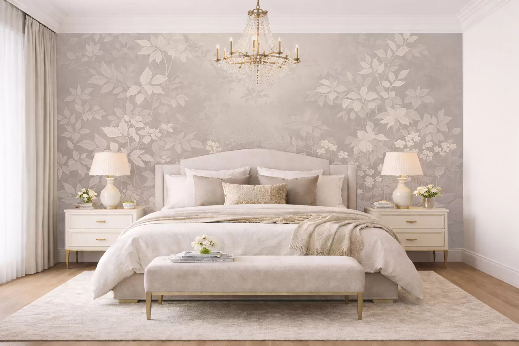 wall murals Light botanical ornament with leaves and small flowers w05115