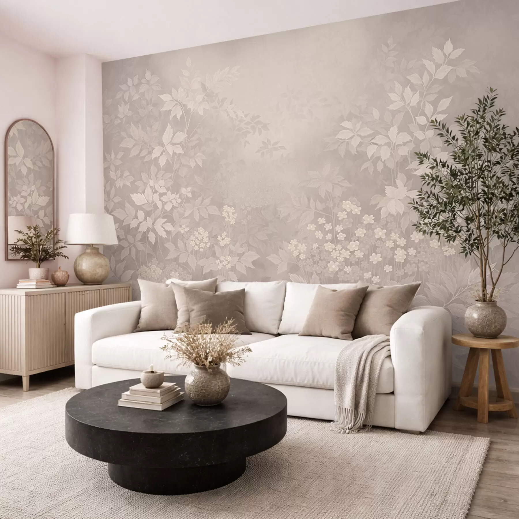 wall murals Light botanical ornament with leaves and small flowers w05115