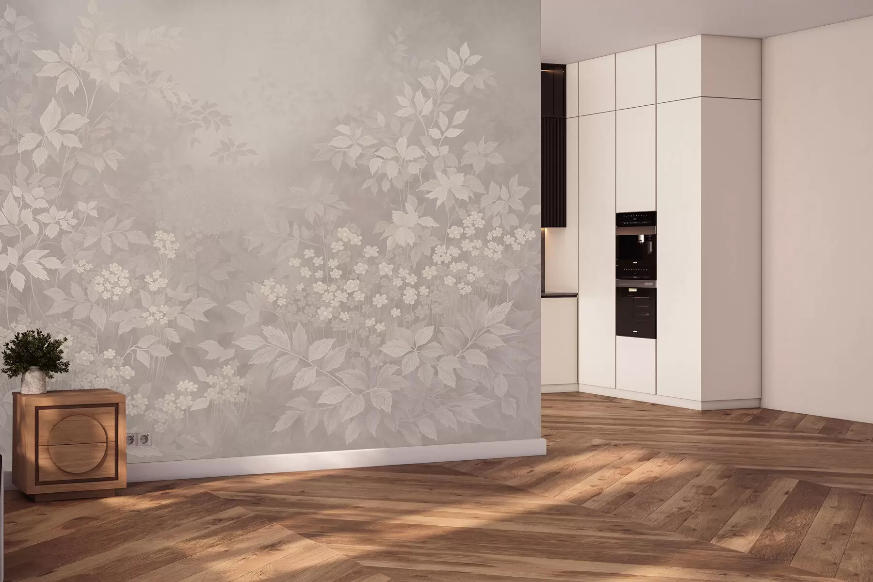 wall murals Light botanical ornament with leaves and small flowers w05115