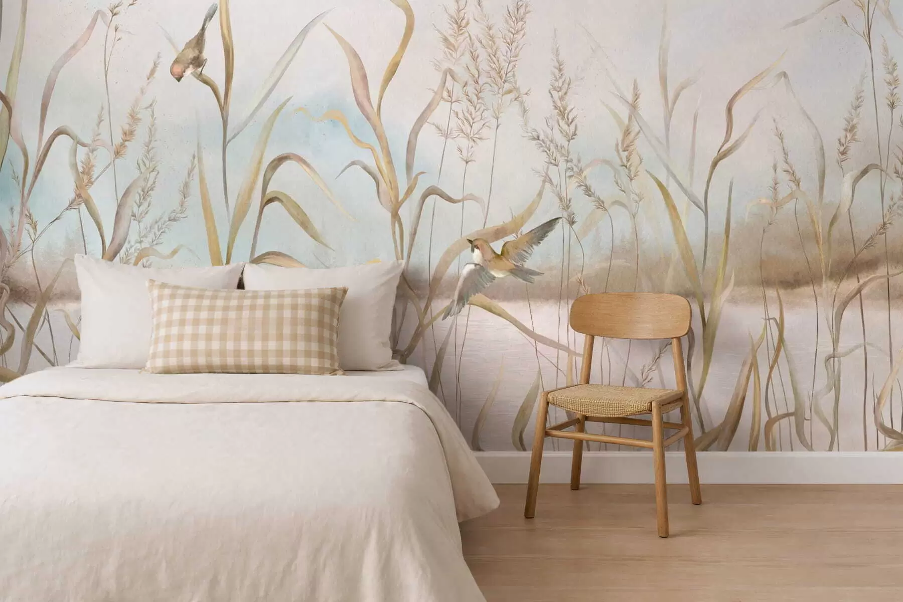 wall murals Illustration of reeds and birds by water in soft tones w05125