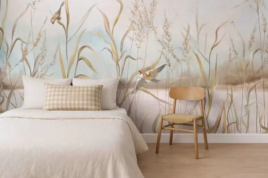 wall murals Illustration of reeds and birds by water in soft tones w05125