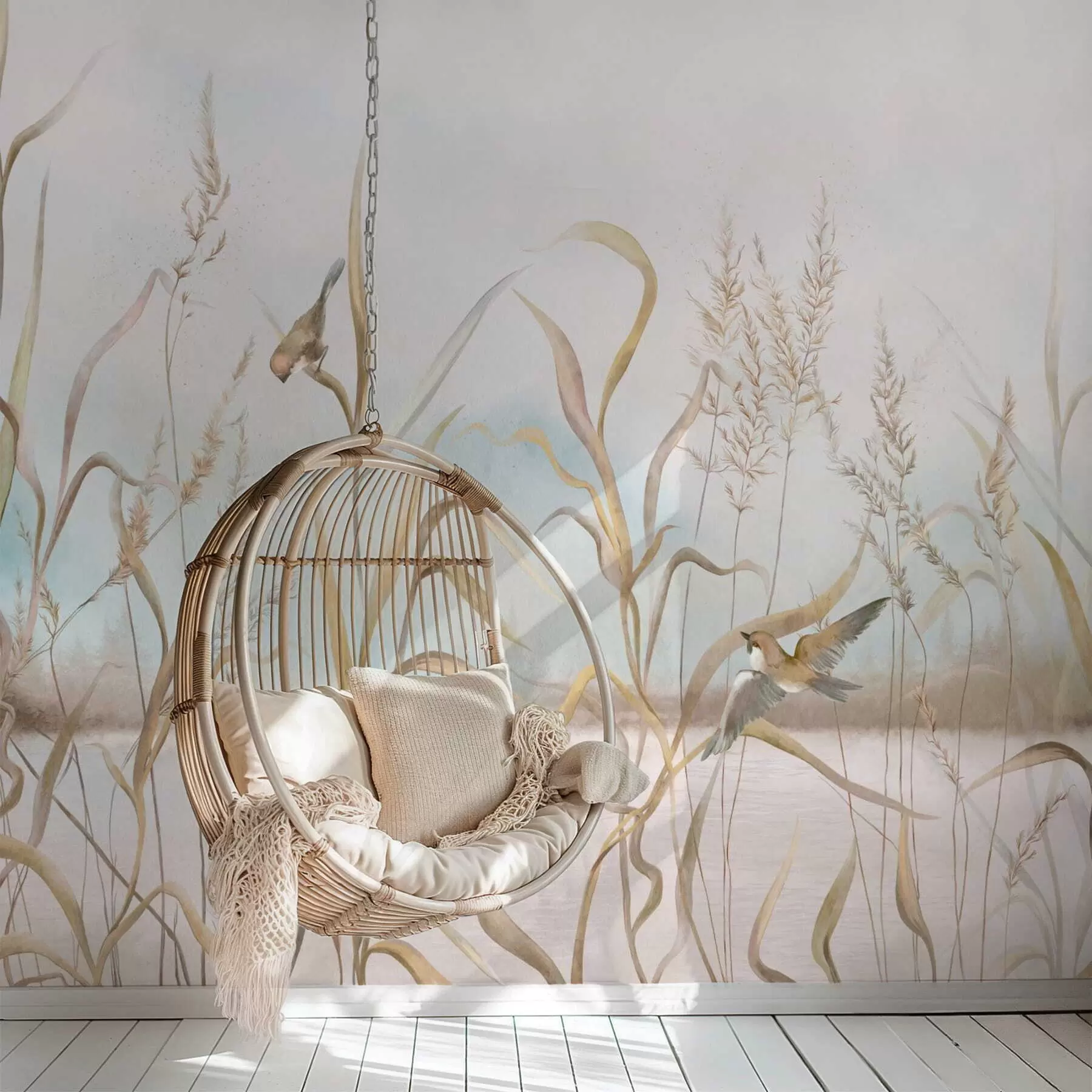 wall murals Illustration of reeds and birds by water in soft tones w05125