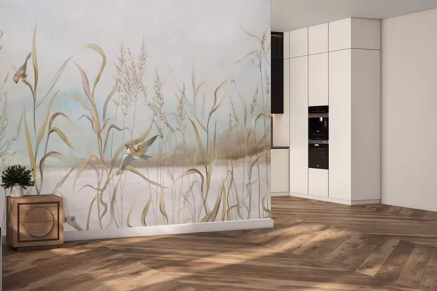 wall murals Illustration of reeds and birds by water in soft tones w05125