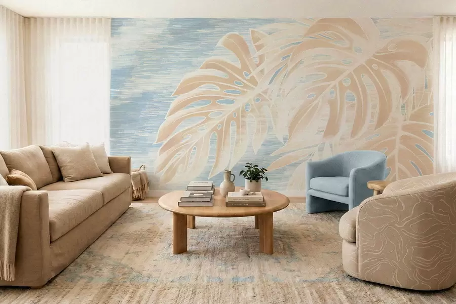 wall murals Abstract leaves in warm beige tones on a light background w05130