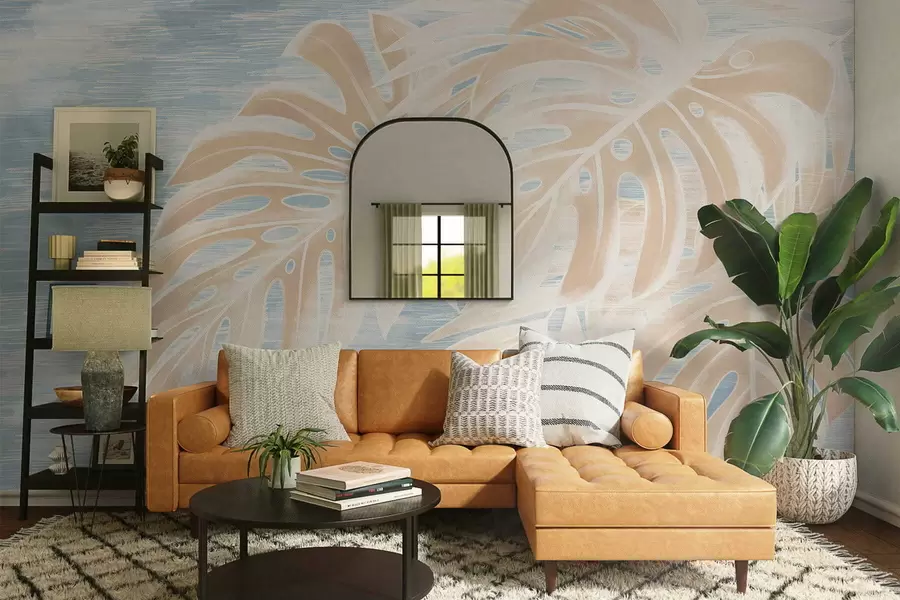 wall murals Abstract leaves in warm beige tones on a light background w05130