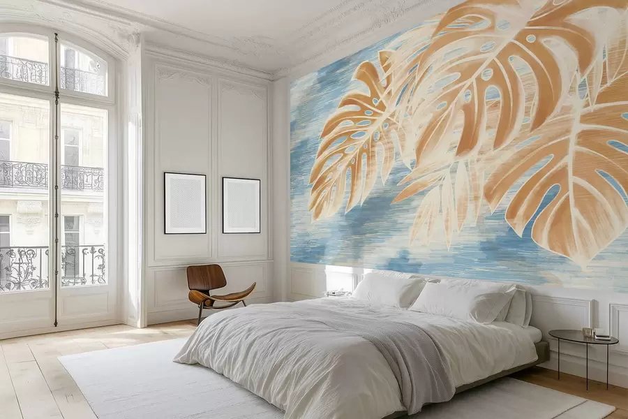 wall murals Leaves in light sandy tones on a blue background w05130v1