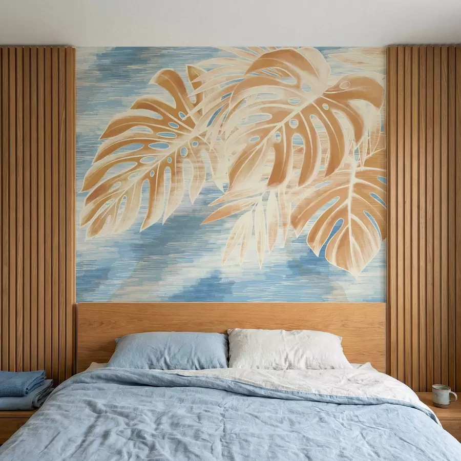 wall murals Leaves in light sandy tones on a blue background w05130v1
