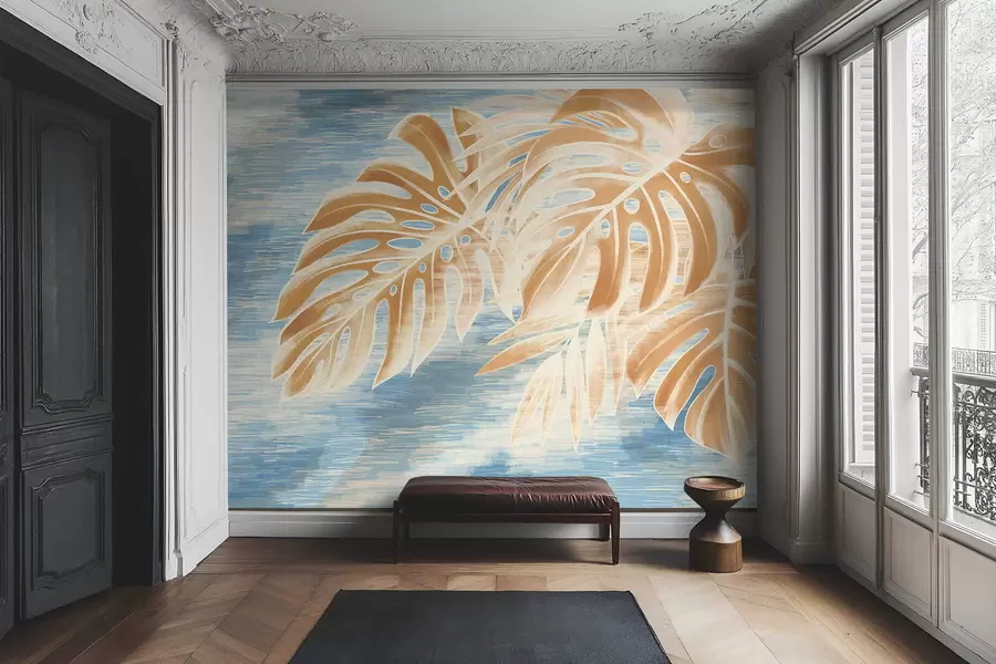 wall murals Leaves in light sandy tones on a blue background w05130v1