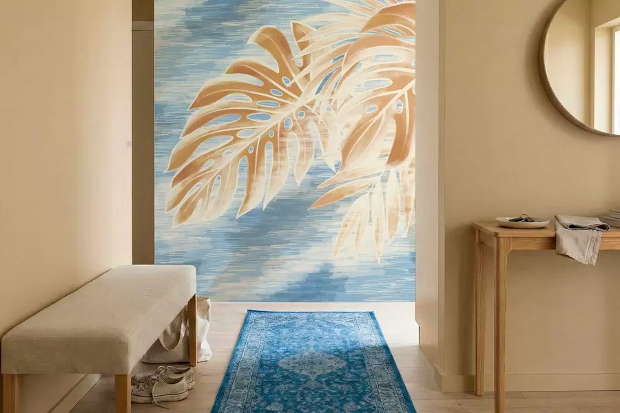 wall murals Leaves in light sandy tones on a blue background w05130v1
