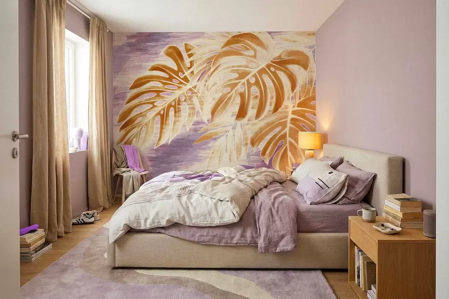 wall murals Leaves in warm orange tones on a purple background w05130v2