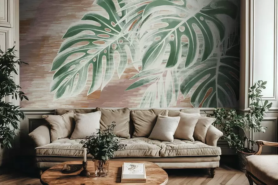 wall murals Green leaves on a warm textured abstract base w05130v3