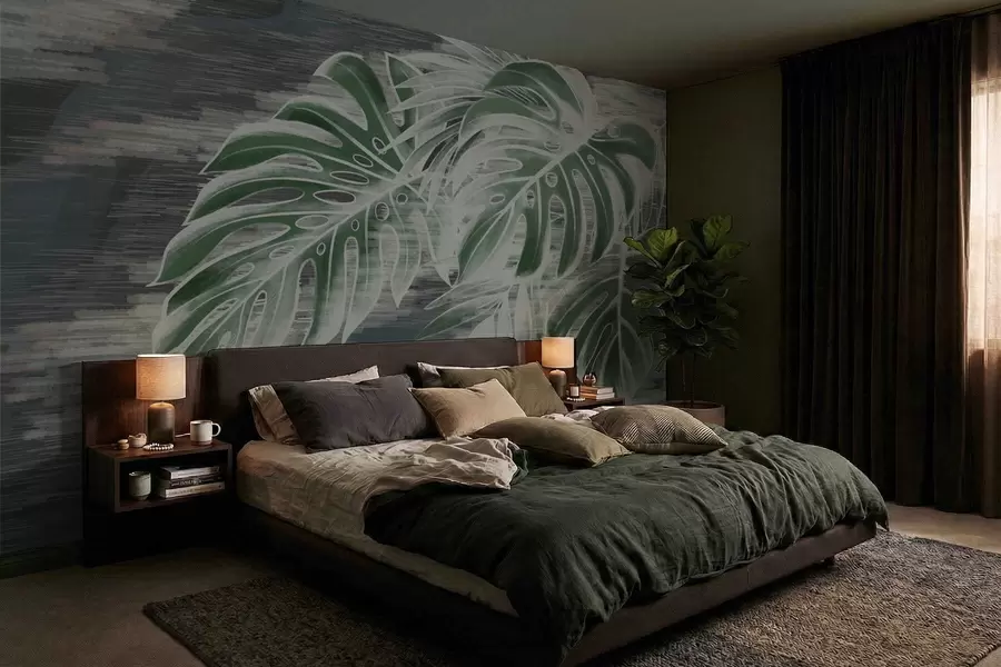 wall murals Dark green leaves on a textured dark background w05130v4