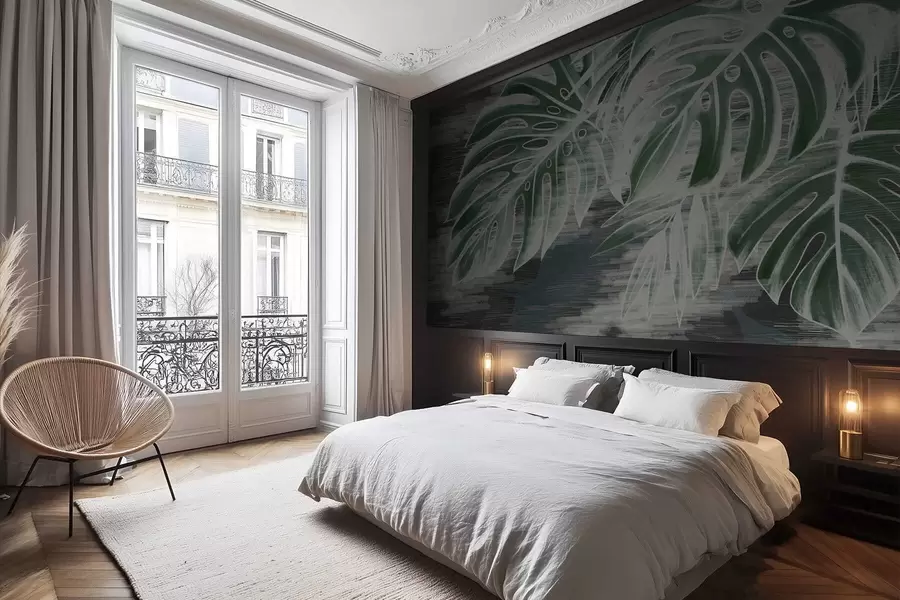 wall murals Dark green leaves on a textured dark background w05130v4