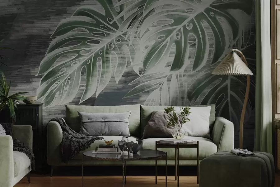 wall murals Dark green leaves on a textured dark background w05130v4