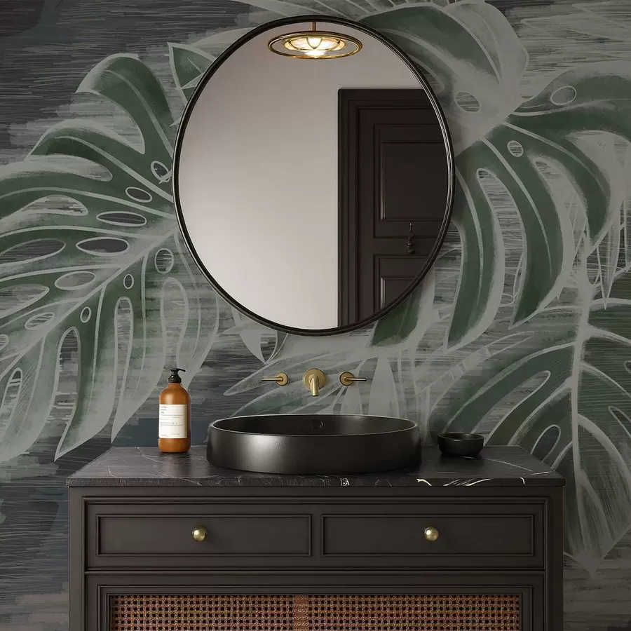 wall murals Dark green leaves on a textured dark background w05130v4