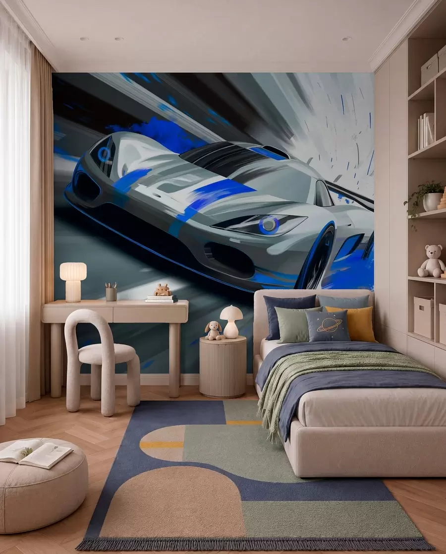 wall murals dynamic sports car in digital drawing style with blue accents w05069