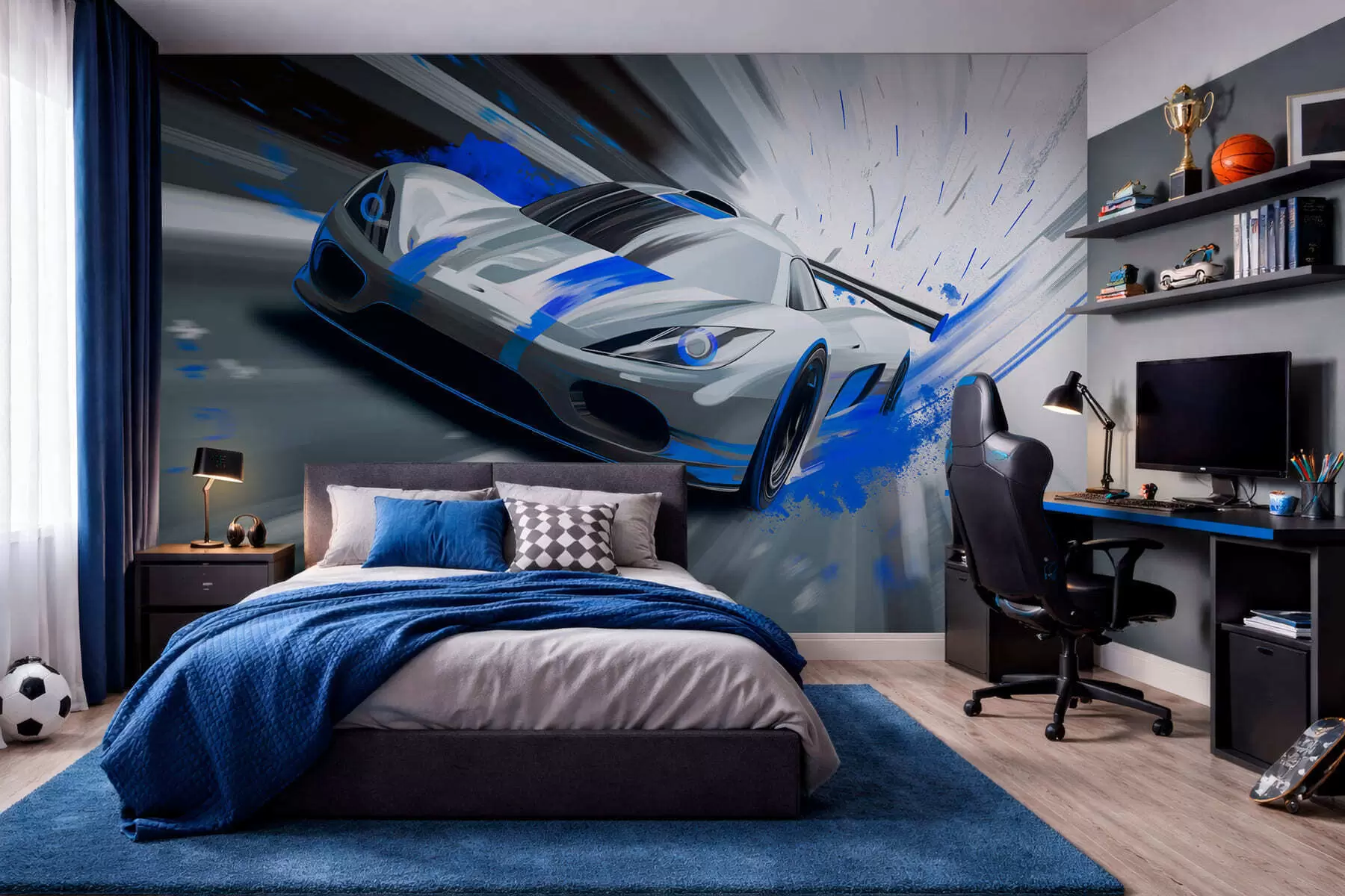 wall murals dynamic sports car in digital drawing style with blue accents w05069