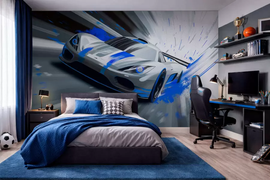 wall murals dynamic sports car in digital drawing style with blue accents w05069