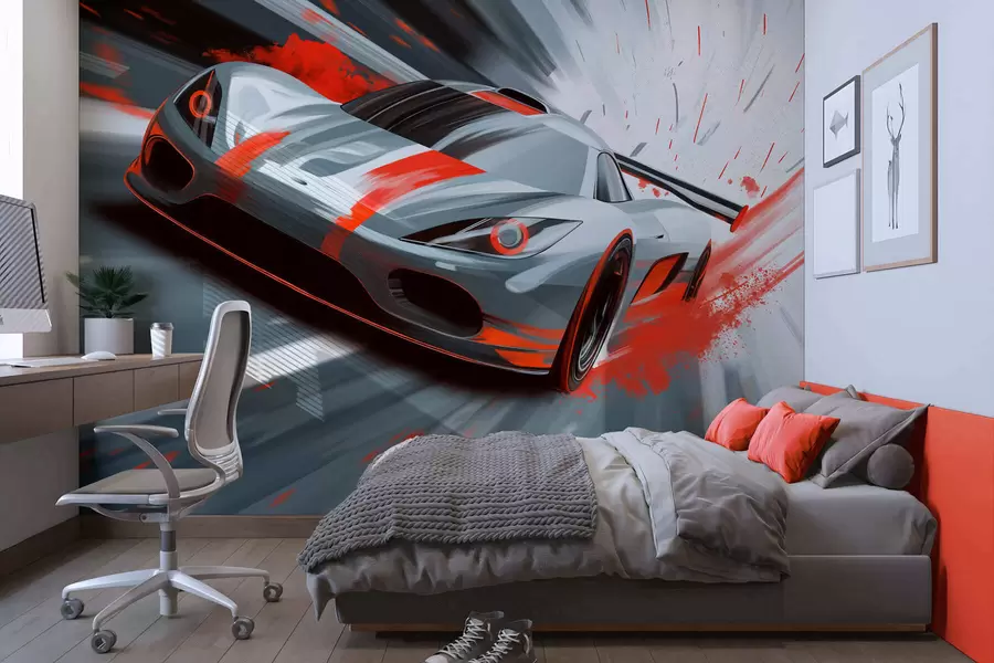 wall murals dynamic sports car in digital drawing style with red accents w05069v1
