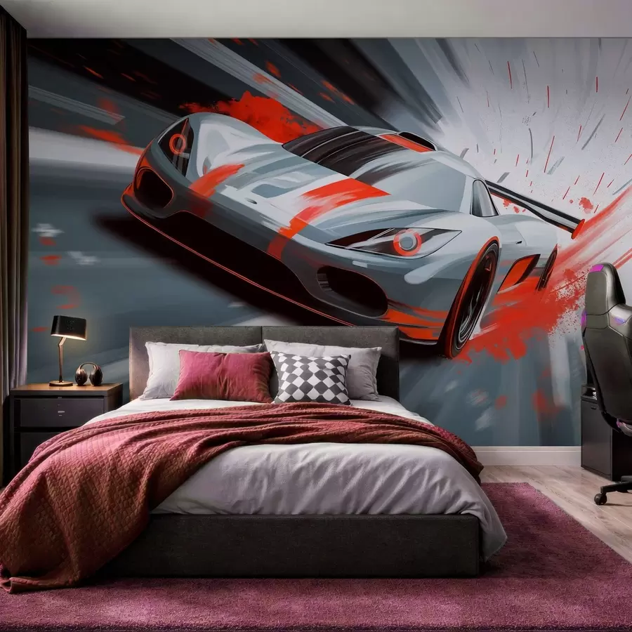 wall murals dynamic sports car in digital drawing style with red accents w05069v1