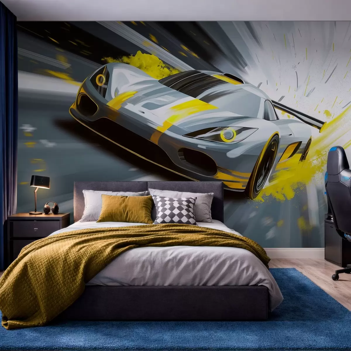 wall murals dynamic sports car in digital drawing style with yellow accents w05069v2