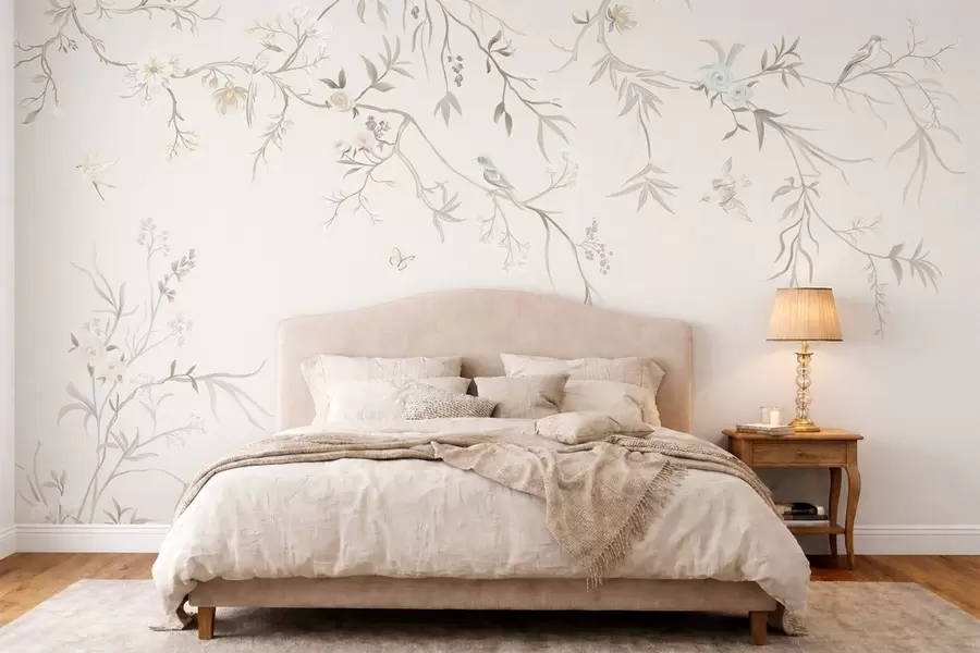 wall murals Delicate flowers and birds on a chalk background w05127