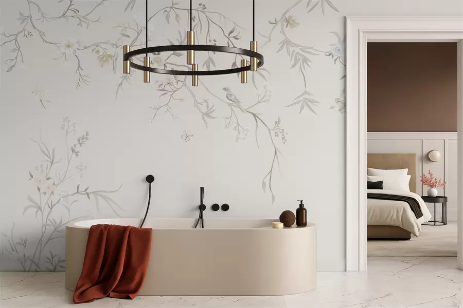 wall murals Delicate flowers and birds on a chalk background w05127