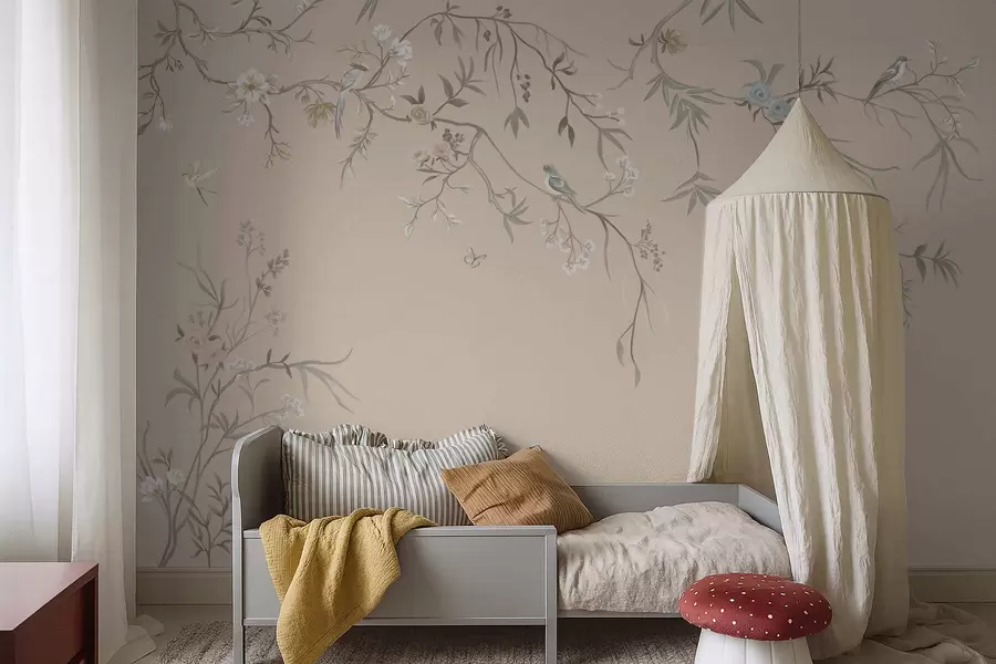 wall murals Floral branches with birds on warm beige background w05127v1