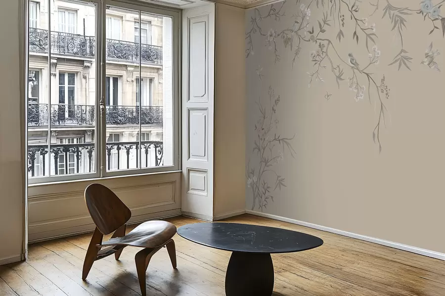 wall murals Floral branches with birds on warm beige background w05127v1