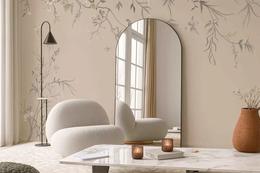 wall murals Floral branches with birds on warm beige background w05127v1