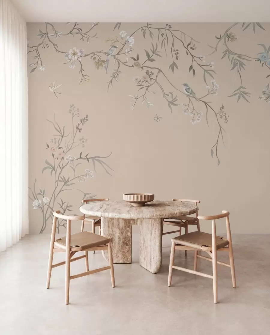 wall murals Floral branches with birds on warm beige background w05127v1