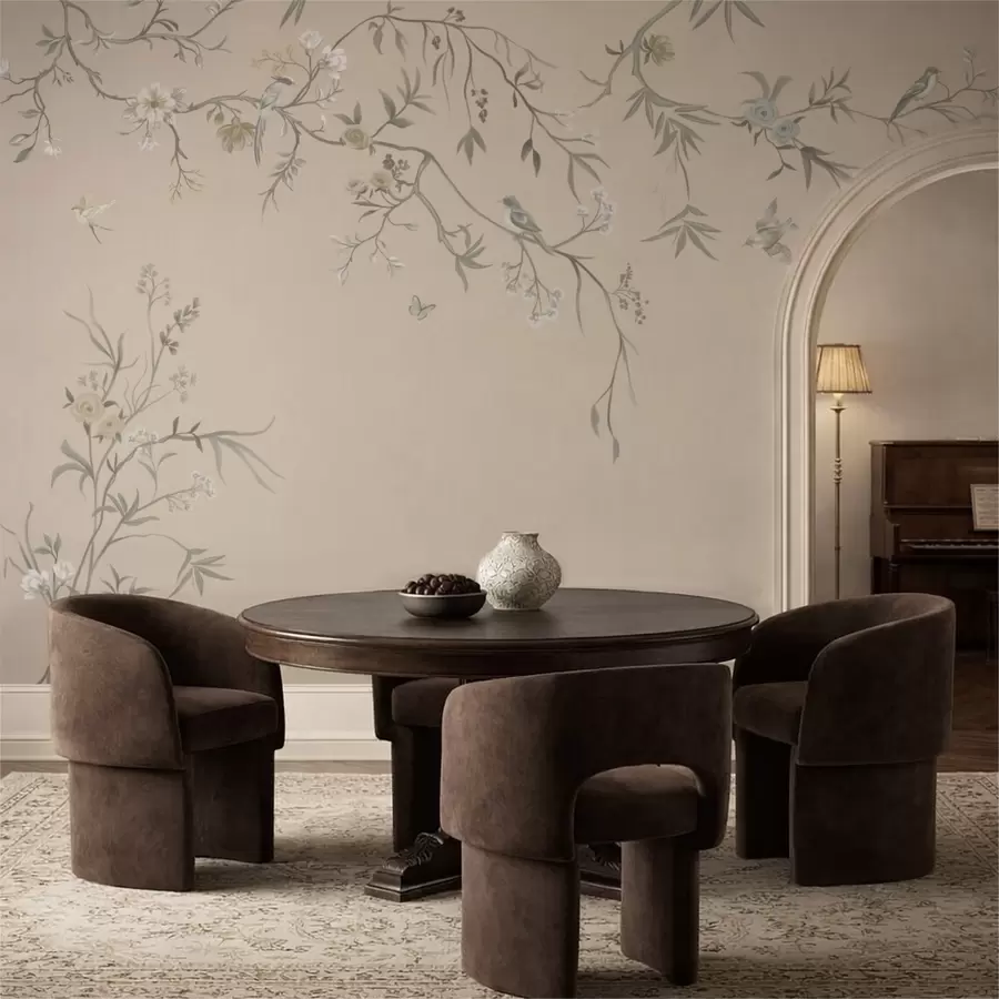 wall murals Floral branches with birds on warm beige background w05127v1
