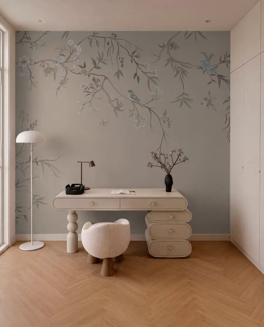 wall murals Floral branches with birds on warm beige background w05127v1
