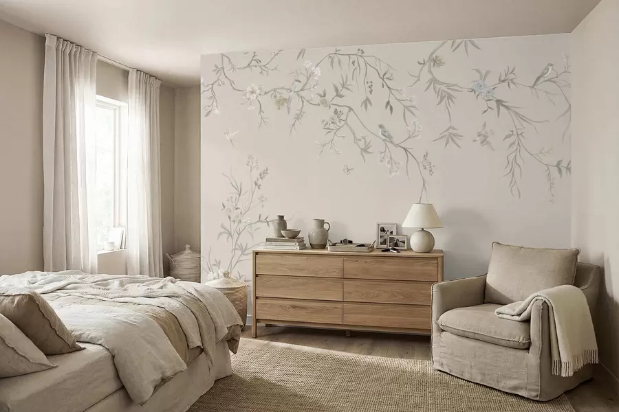wall murals Light flowers and birds on a pastel background w05127v2